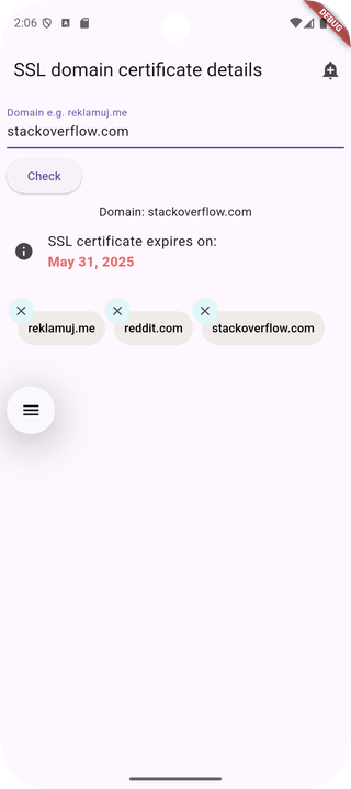 Screenshot of app - check SSL certificate expiration date